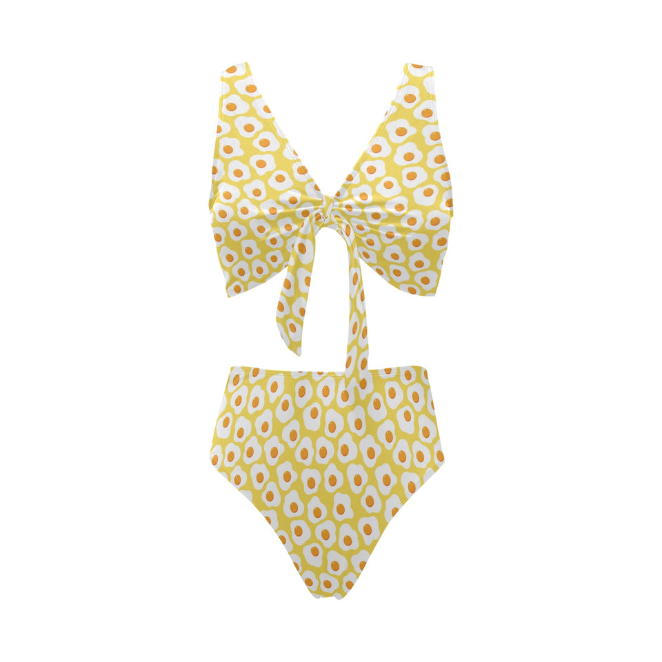 Fried Eggs Pattern Print Design 05 Chest Bowknot High Waisted Bikini Swimsuit