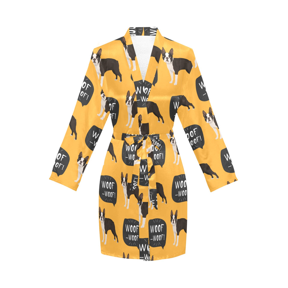 Boston terrier design pattern Women's Long Sleeve Belted Night Robe