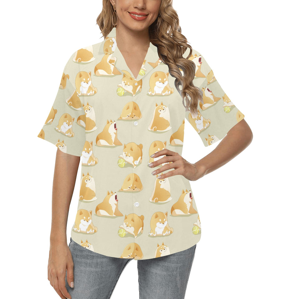 Cute fat shiba inu dog pattern Women's All Over Print Hawaiian Shirt
