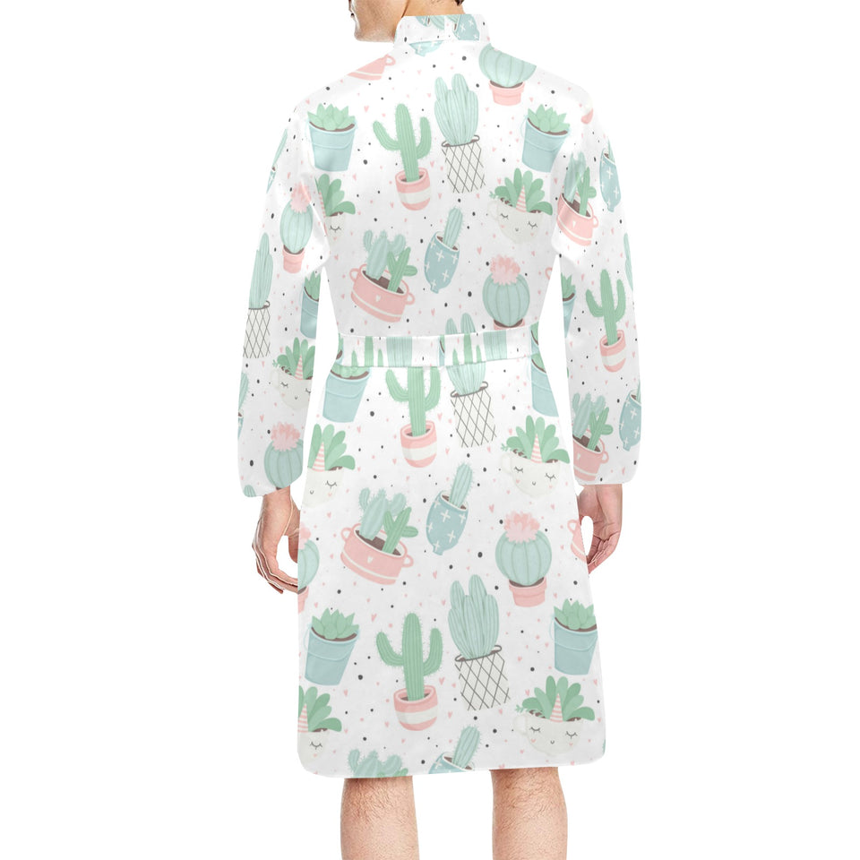 Pastel color cactus pattern Men's Long Sleeve Belted Night Robe