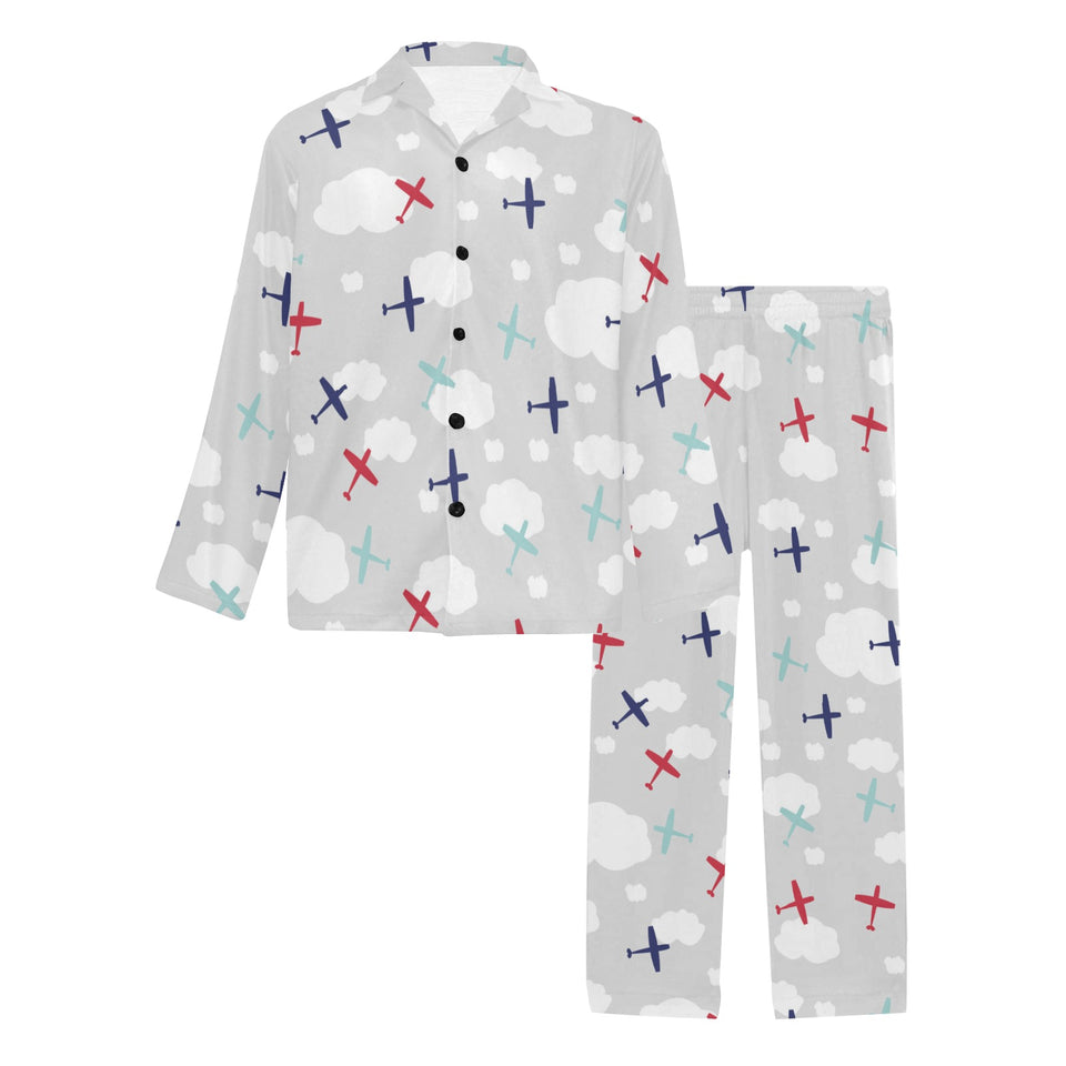 Airplane cloud grey background Men's Long Pajama Set