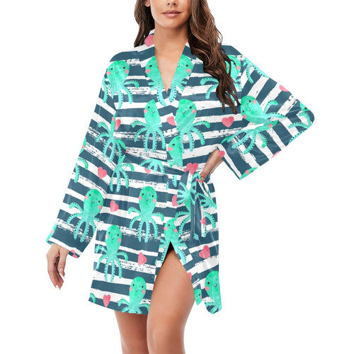 Cute octopuses heart striped background Women's Long Sleeve Belted Night Robe