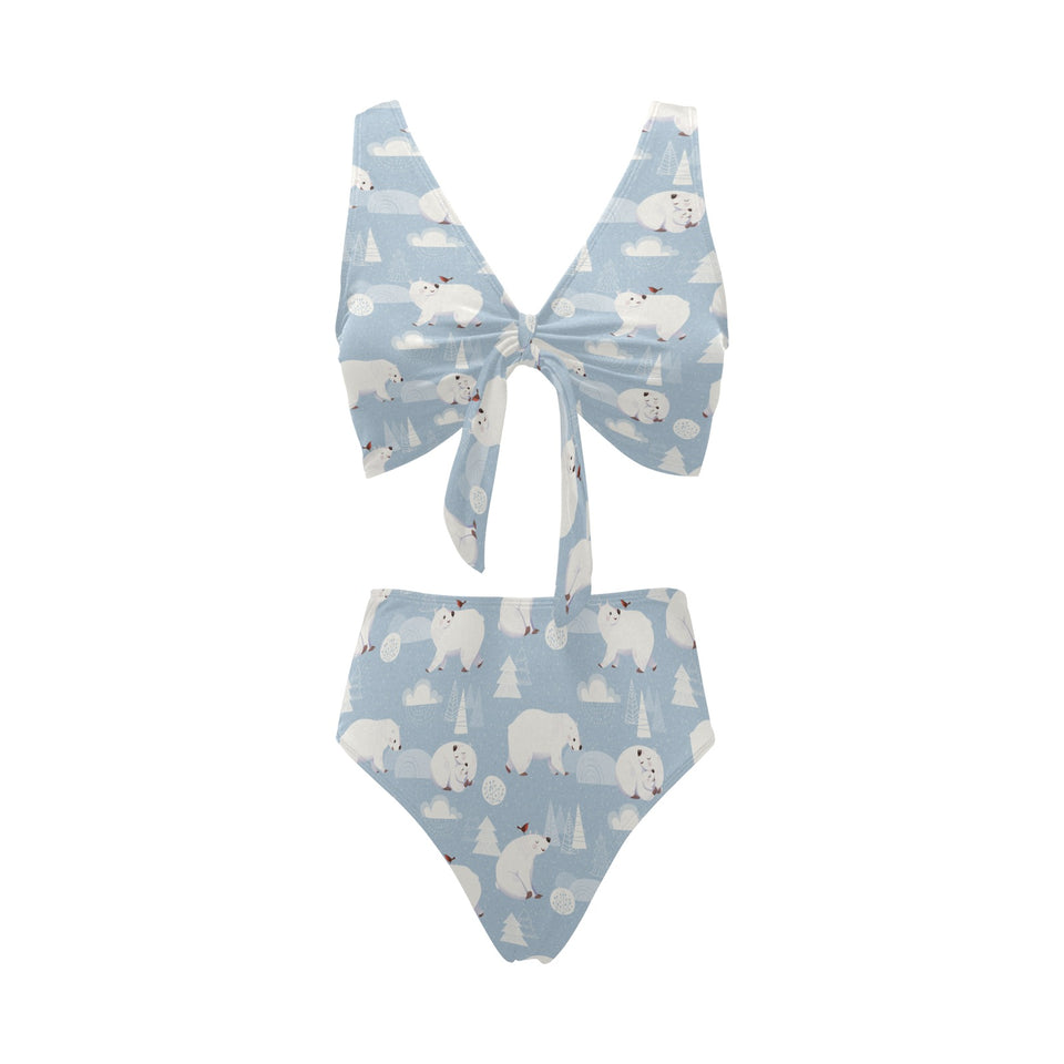 Cute polar bears Christmas decoration pattern Chest Bowknot High Waisted Bikini Swimsuit