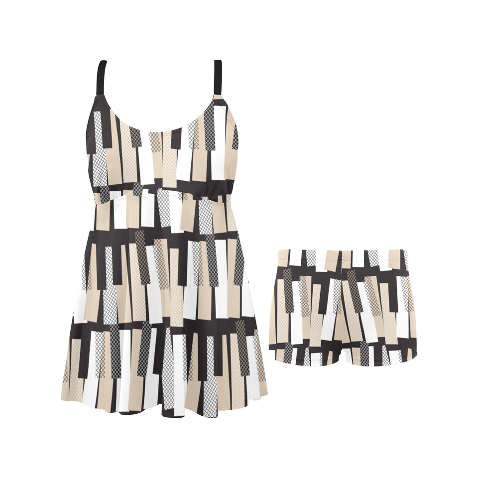 Piano Pattern Print Design 04 Chest Sexy Pleated Two Piece Swim Dress