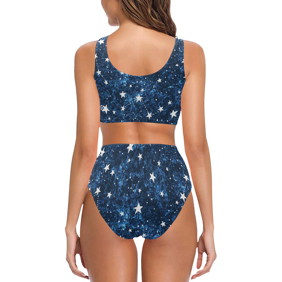 Night sky star pattern Chest Bowknot High Waisted Bikini Swimsuit