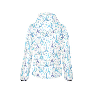 Blue Eiffel Tower Theme Pattern Print Design 01 Women's Padded Hooded Jacket