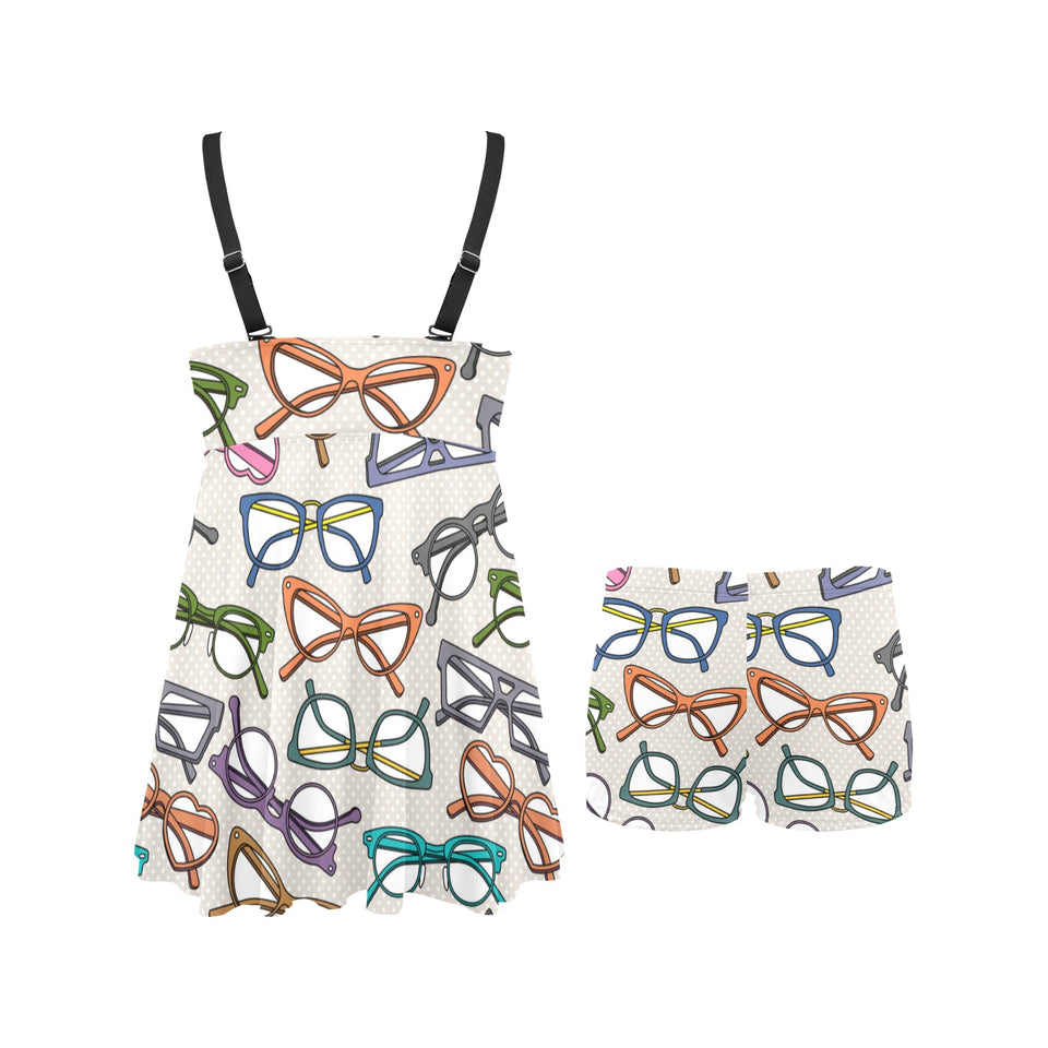 Sun Glasses Pattern Print Design 01 Chest Sexy Pleated Two Piece Swim Dress