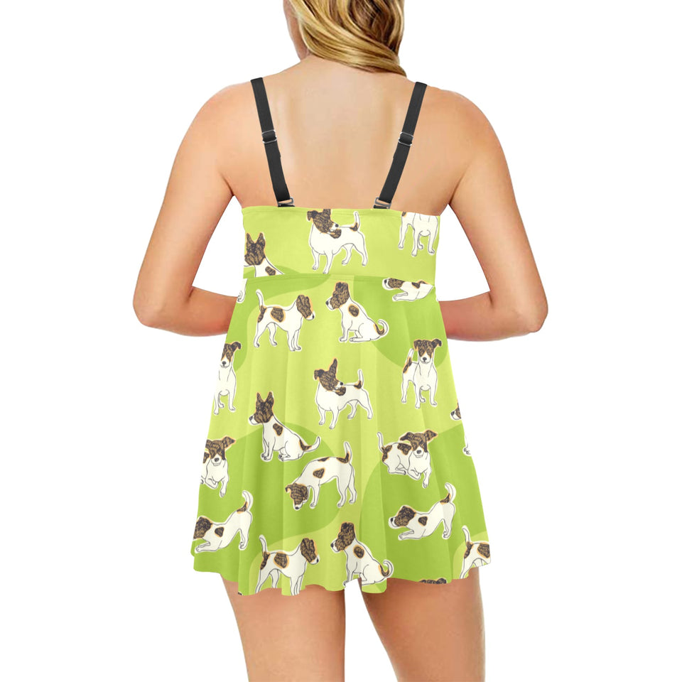 Jack Russel Pattern Print Design 01 Chest Sexy Pleated Two Piece Swim Dress