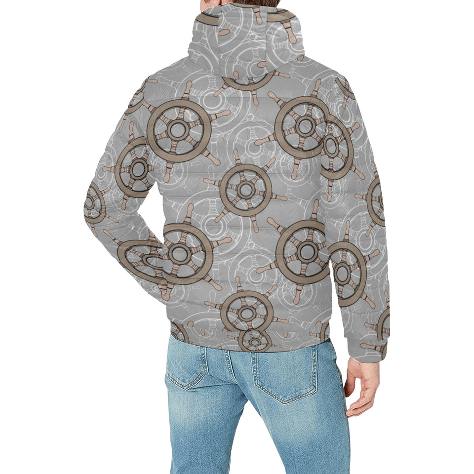 nautical wood steering wheel pattern Men's Padded Hooded Jacket