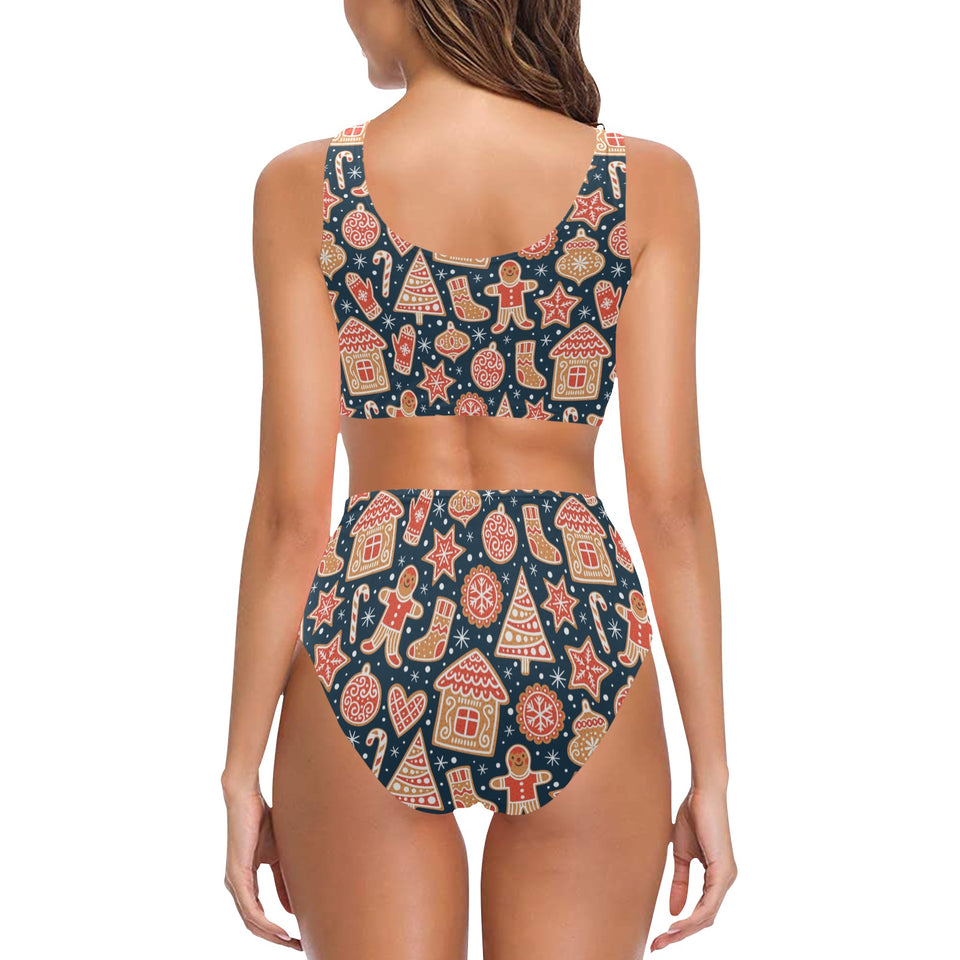 Christmas gingerbread cookie pattern Chest Bowknot High Waisted Bikini Swimsuit