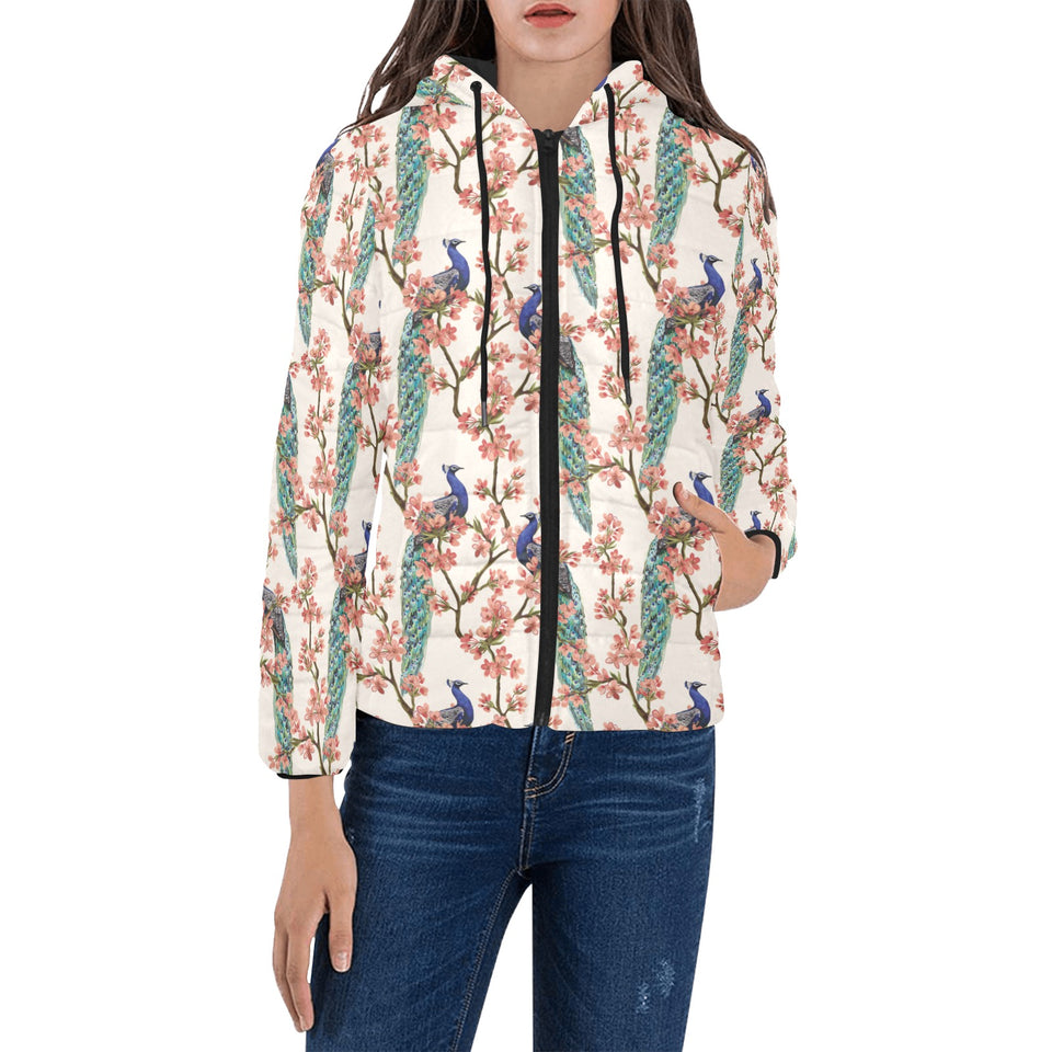 Peacock tropical flower pattern Women's Padded Hooded Jacket