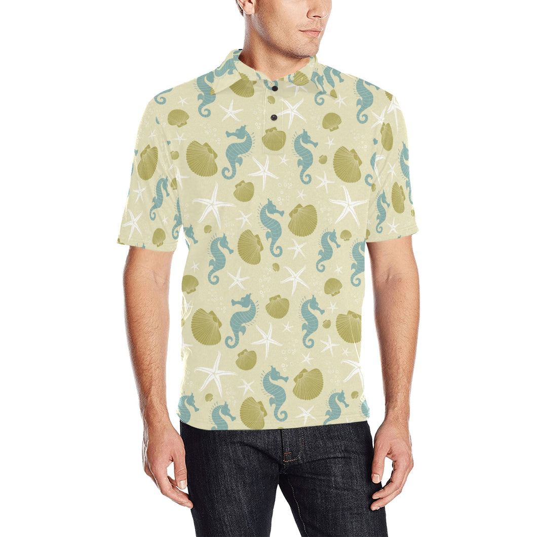 Seahorse shell starfish pattern background Men's All Over Print Polo Shirt