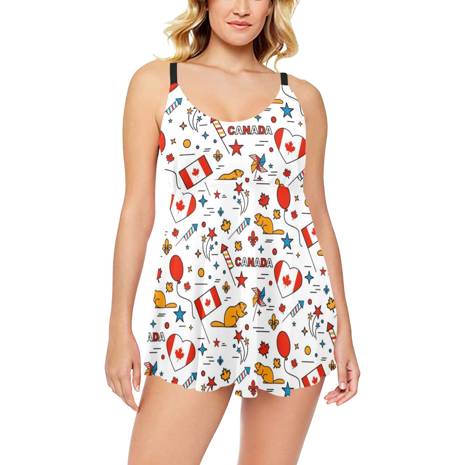 Canada Pattern Print Design 03 Chest Sexy Pleated Two Piece Swim Dress