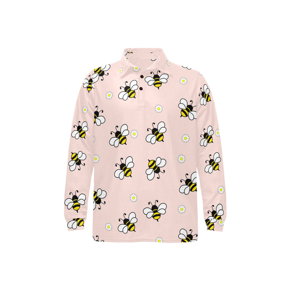 Cute bee flower pattern pink background Men's Long Sleeve Polo Shirt