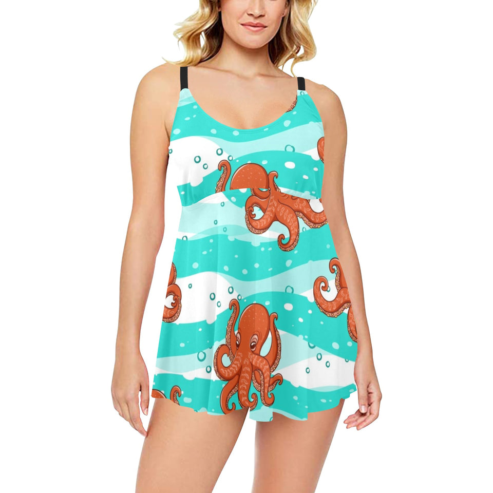 Octopuses sea wave background Chest Sexy Pleated Two Piece Swim Dress