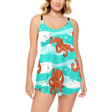 Octopuses sea wave background Chest Sexy Pleated Two Piece Swim Dress