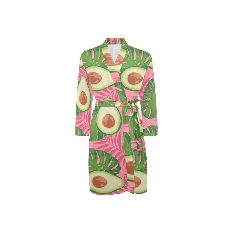 Avocado slices leaves pink back ground Men's Long Sleeve Belted Night Robe