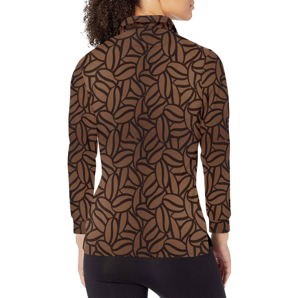 coffee bean pattern Women's Long Sleeve Polo Shirt