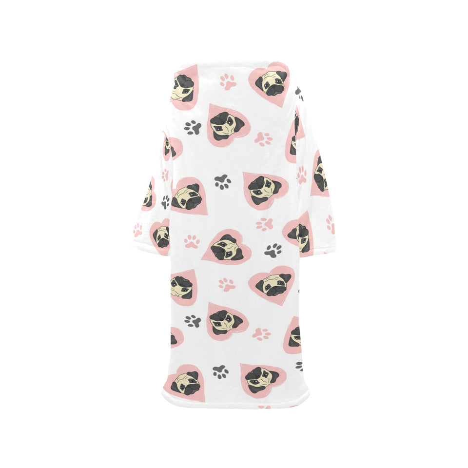 Cute pugs pink heart paw pattern Blanket Robe with Sleeves