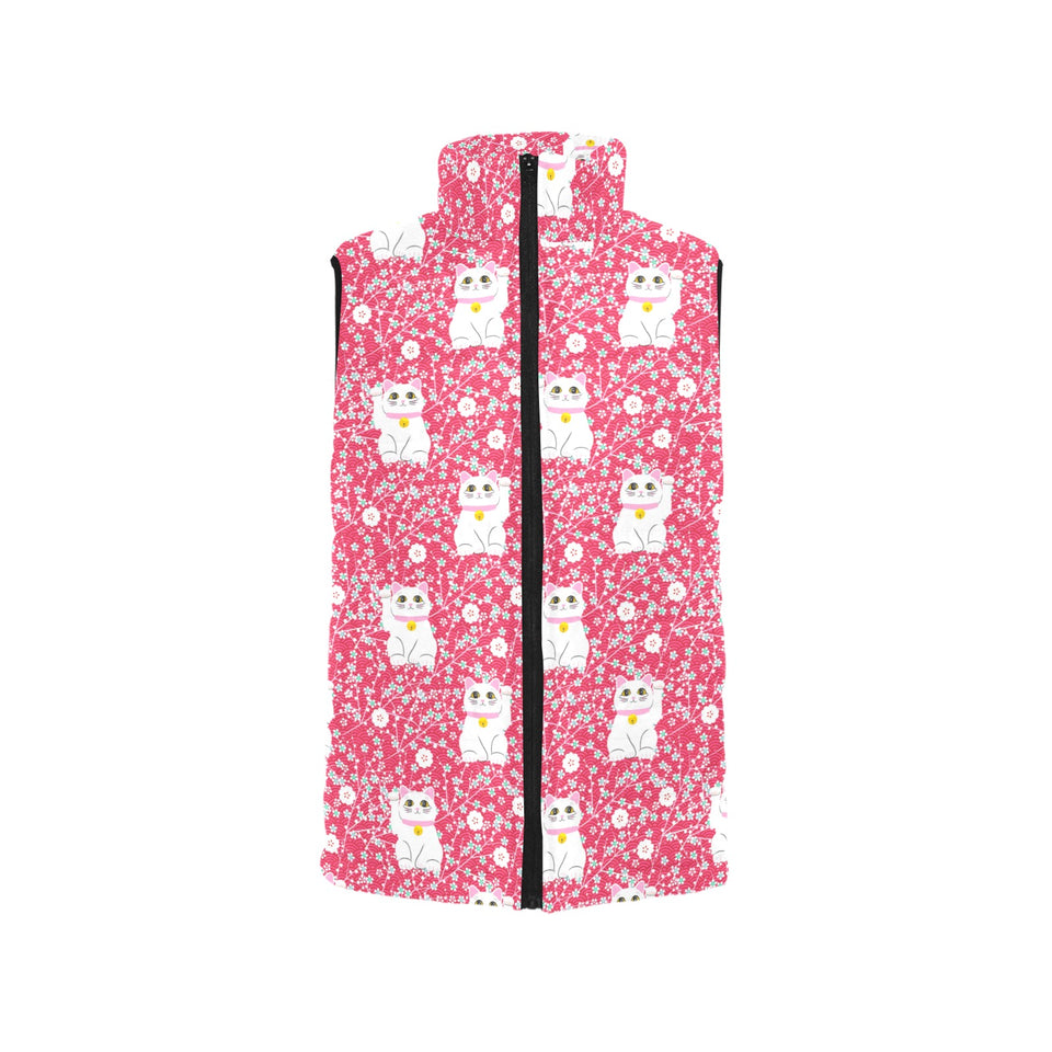 Maneki neko cat sakura pink background Women's Padded Vest