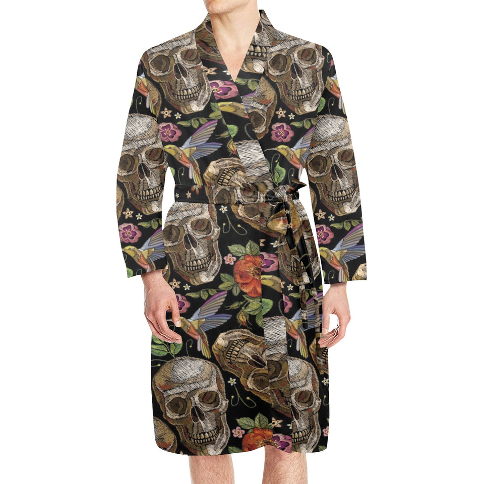 Skull rose humming bird flower pattern Men's Long Sleeve Belted Night Robe