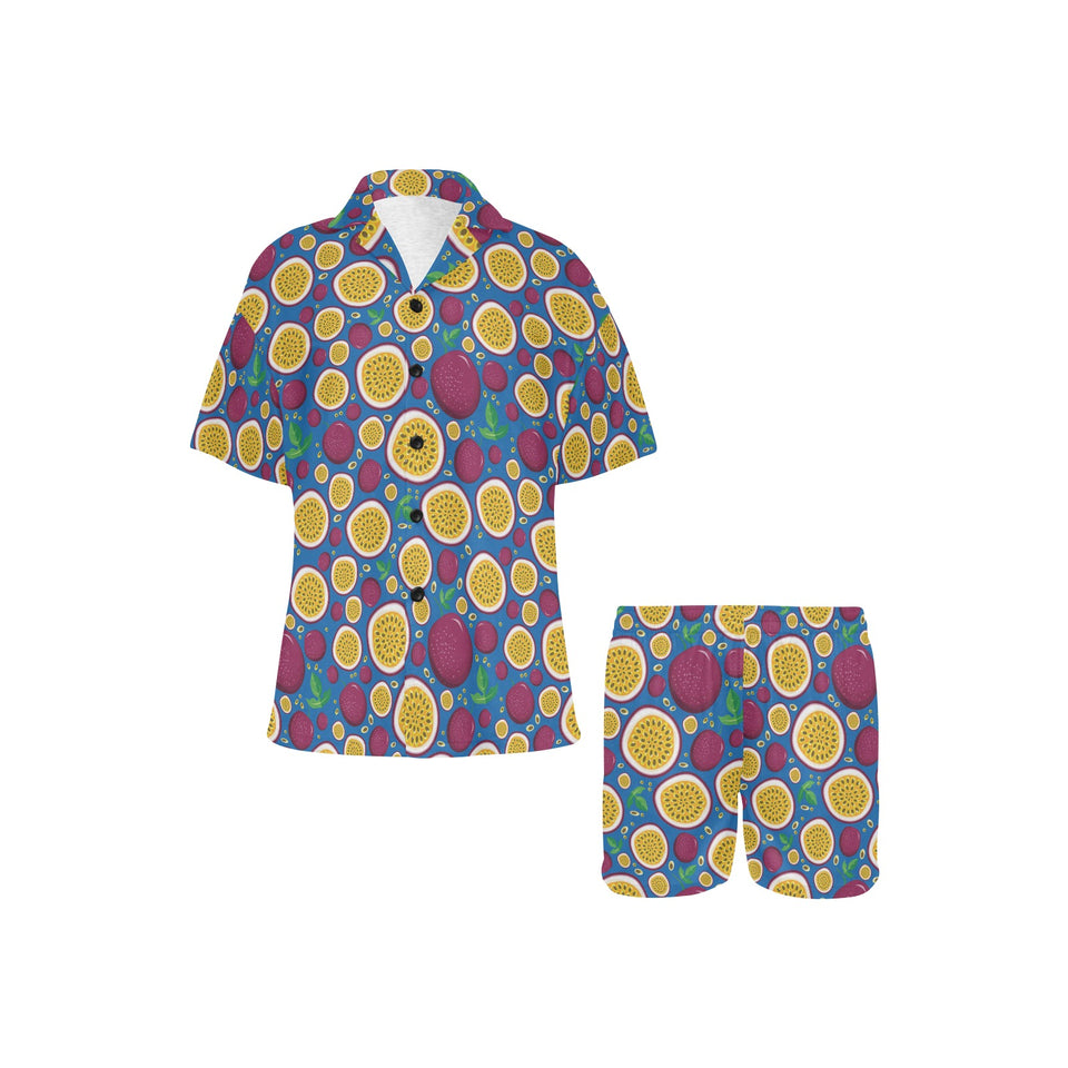 Passion fruit blue background Women's V-Neck Short Pajama Set