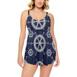 nautical steering wheel design pattern Chest Sexy Pleated Two Piece Swim Dress