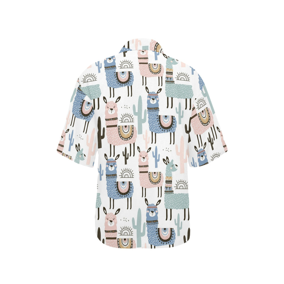 lama Alpaca cactus hand drawn pattern Women's All Over Print Hawaiian Shirt
