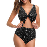 Hand drawn space rocket star planet Chest Bowknot High Waisted Bikini Swimsuit