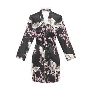 Japanese crane pink sakura pattern Women's Long Sleeve Belted Night Robe