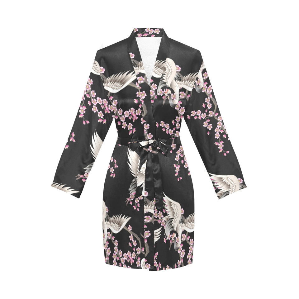Japanese crane pink sakura pattern Women's Long Sleeve Belted Night Robe