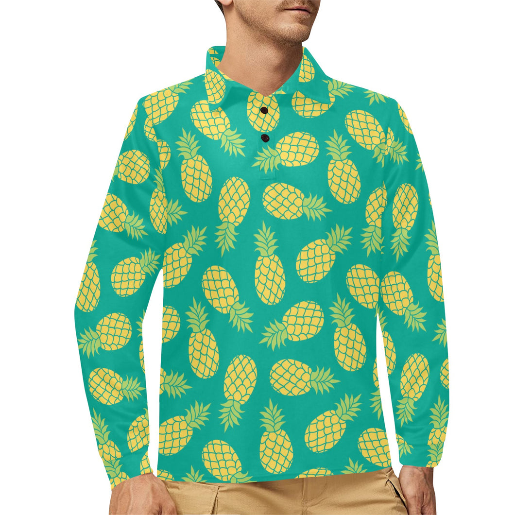 Pineapples pattern green background Men's Long Sleeve Polo Shirt