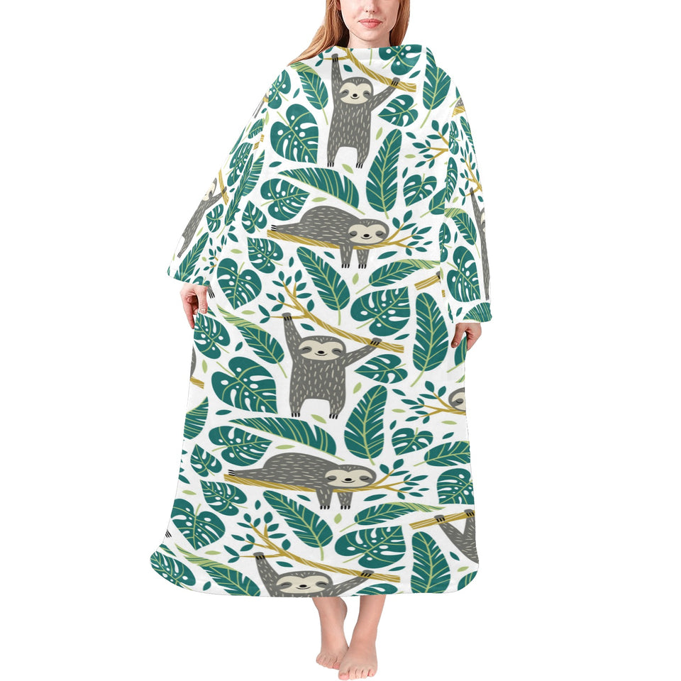 Cute sloths tropical palm leaves white background Blanket Robe with Sleeves