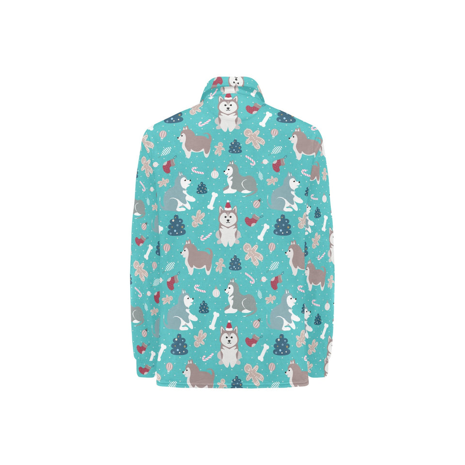 Christmas cute siberian husky puppie pattern Women's Long Sleeve Polo Shirt