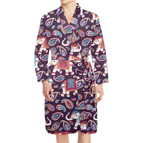 Elephant indian style ornament pattern Men's Long Sleeve Belted Night Robe