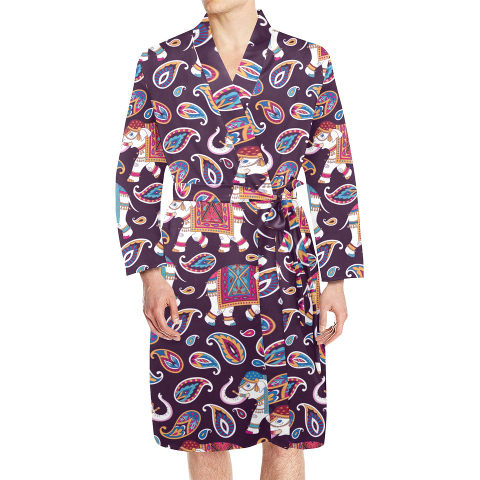 Elephant indian style ornament pattern Men's Long Sleeve Belted Night Robe