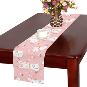 Cute white rabbit flower pink background Table Runner