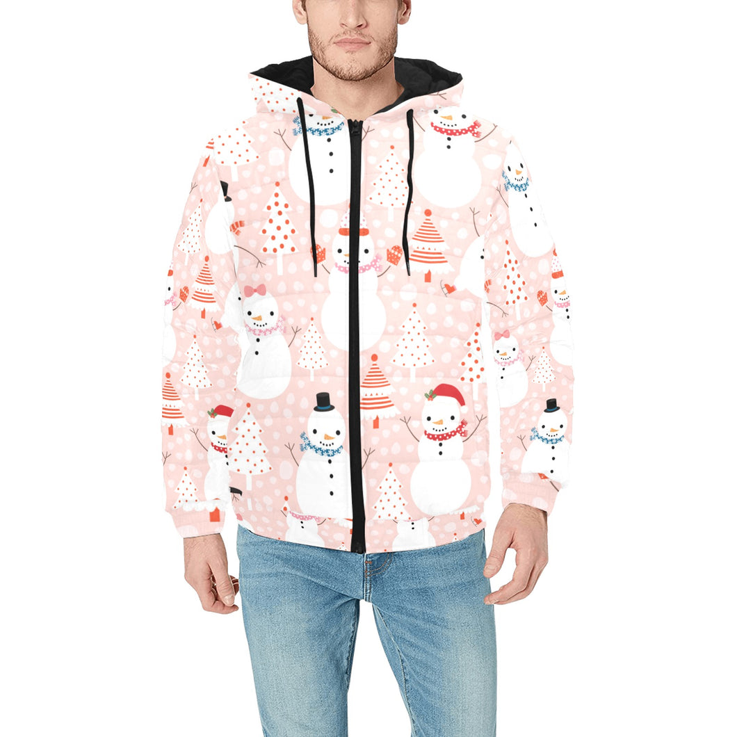 Cute snowman christmas tree snowpink background Men's Padded Hooded Jacket