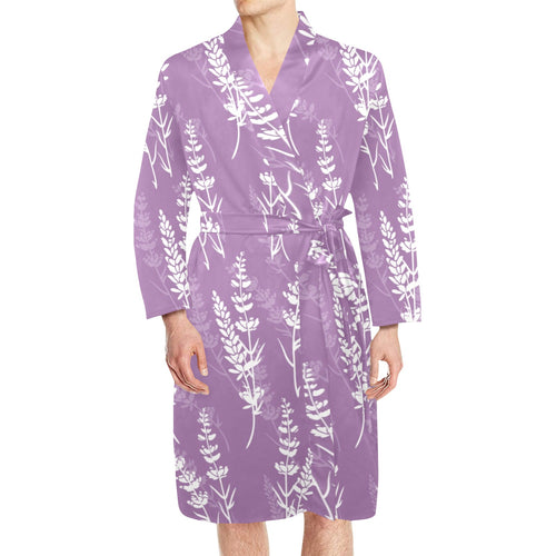 Lavender flowers purple pattern Men's Long Sleeve Belted Night Robe