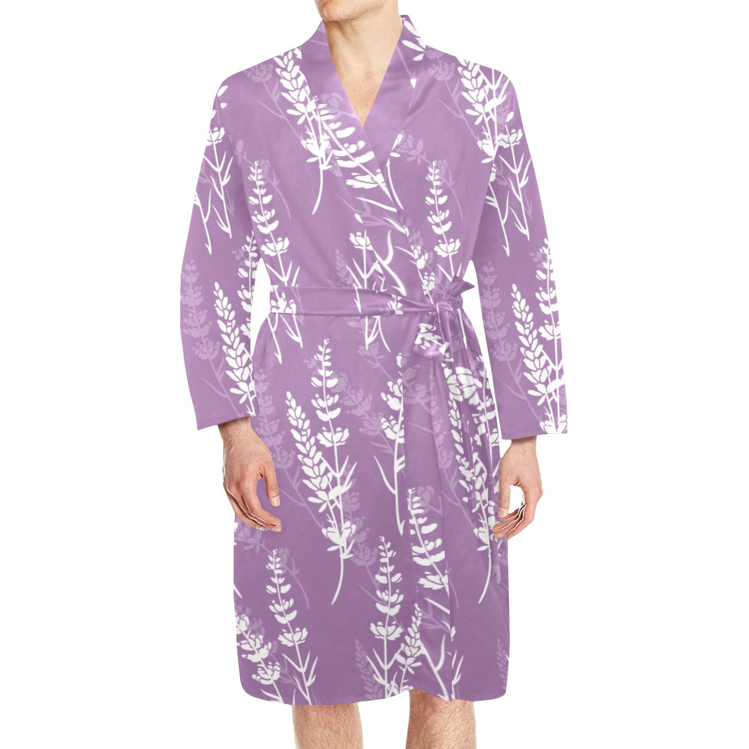 Lavender flowers purple pattern Men's Long Sleeve Belted Night Robe