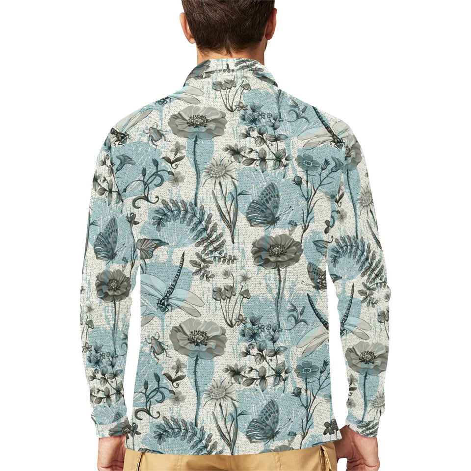 Dragonfly Butterfly Plants insect flower vintage s Men's Long Sleeve Polo Shirt