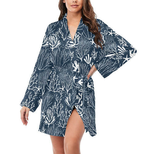 Coral Reef Pattern Print Design 05 Women's Long Sleeve Belted Night Robe