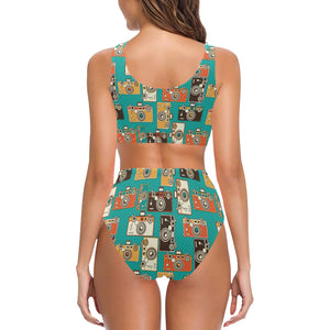Camera Pattern Print Design 03 Chest Bowknot High Waisted Bikini Swimsuit