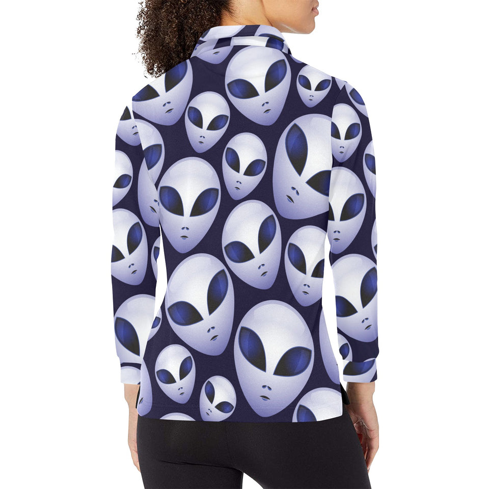 Alien Pattern Print Design 01 Women's Long Sleeve Polo Shirt