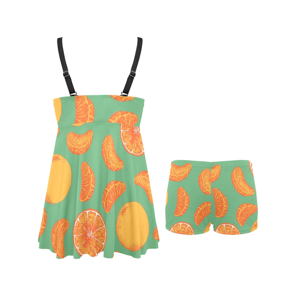 orange fruit pattern green background Chest Sexy Pleated Two Piece Swim Dress
