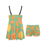 orange fruit pattern green background Chest Sexy Pleated Two Piece Swim Dress