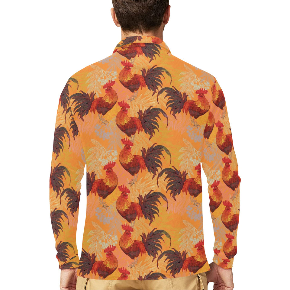 red rooster chicken cock pattern Men's Long Sleeve Polo Shirt