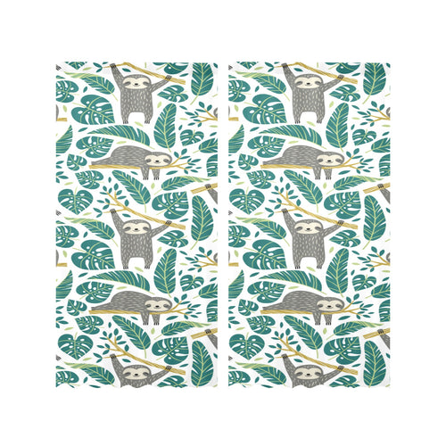 Cute sloths tropical palm leaves white background Gauze Curtain