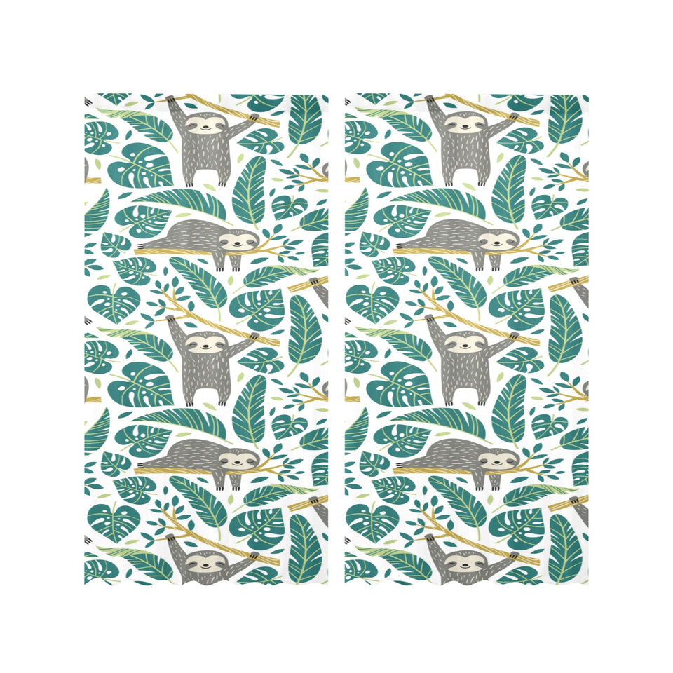 Cute sloths tropical palm leaves white background Gauze Curtain