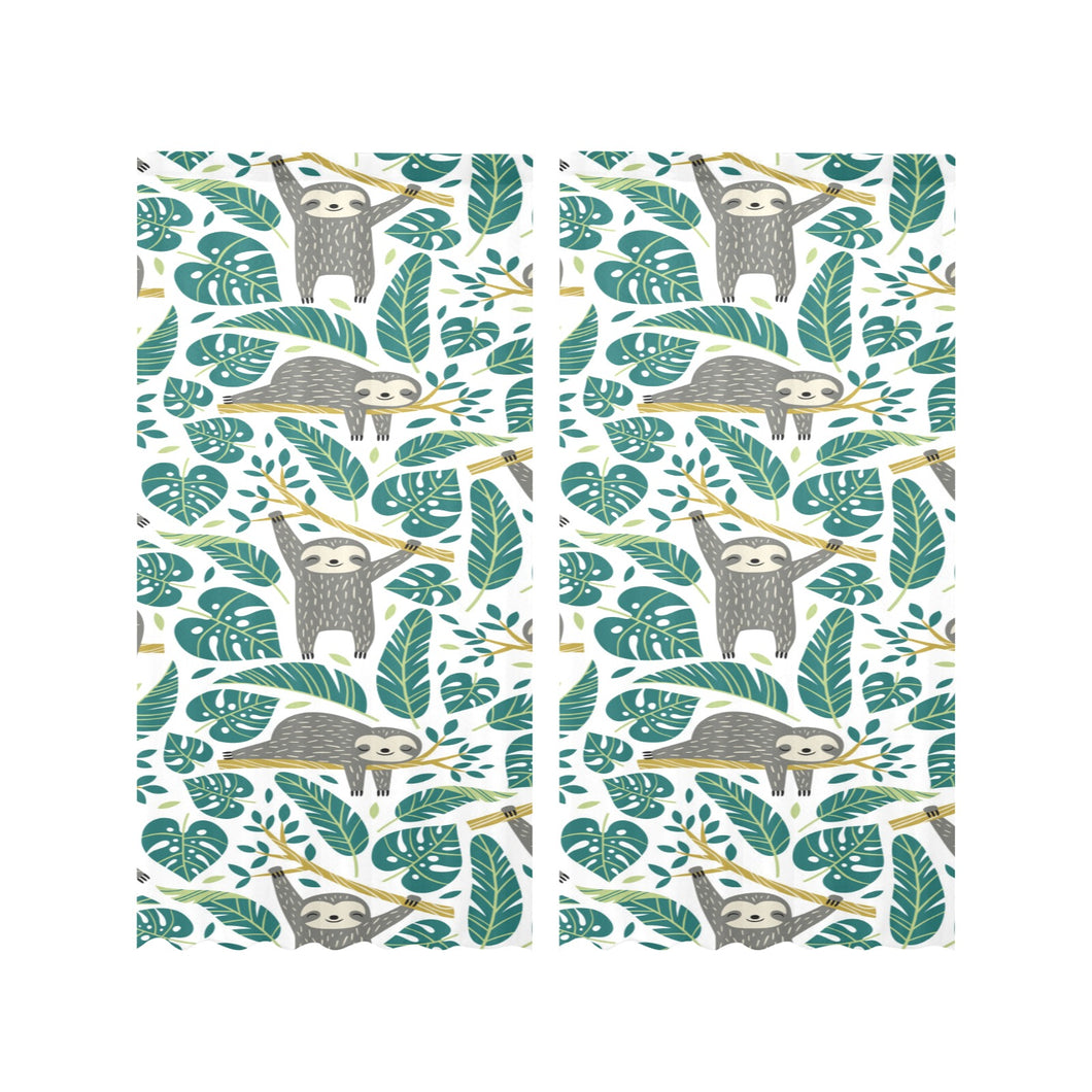 Cute sloths tropical palm leaves white background Gauze Curtain